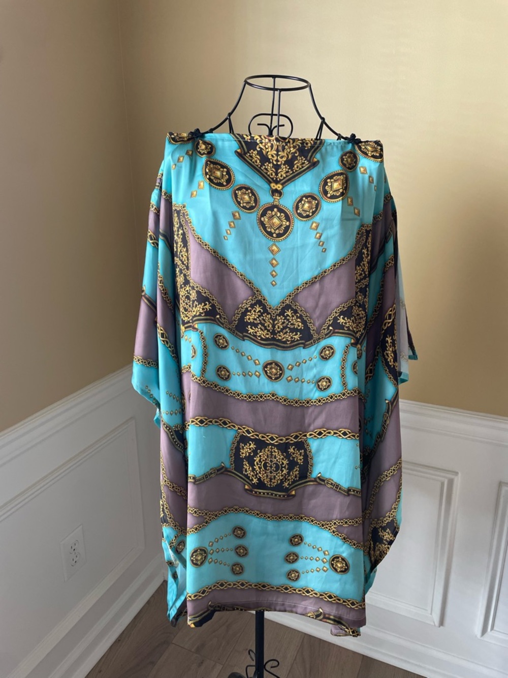 Baroque-Print Mini Dress in Turquoise & Lavender